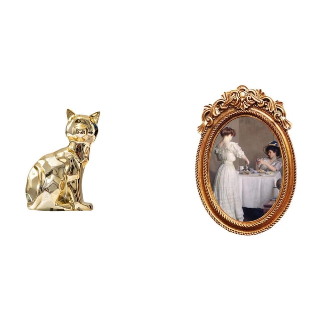 Elegante escultura de gato de resina y marco de fotos ornamentado. Arte decorativo para chimenea, mesa, oficina, dormitorio, regalo y decoración del h