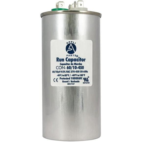 Appli Parts Dual Run Capacitor for ac 60+10 Mfd uF (microfarads) 370VAC or 450VAC CBB65 Round Universal fit for hvac and other applications 5-1/4 in High 2-1/4 in Wide CON-60/10-450