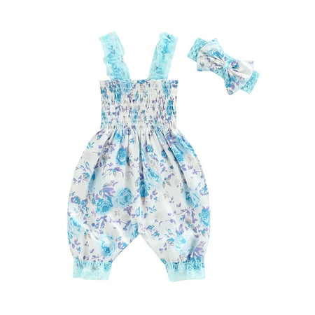 

Calsunbaby Baby Girls Jumpsuit Outfits Lace Splicing Suspender Bloomers Sleeveless Cropped Trousers Headband Blue 6-12 Months