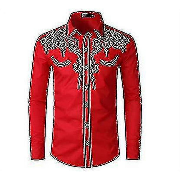 Camisa de vaquero occidental para hombre bordada de manga larga casual ajustada con botones
