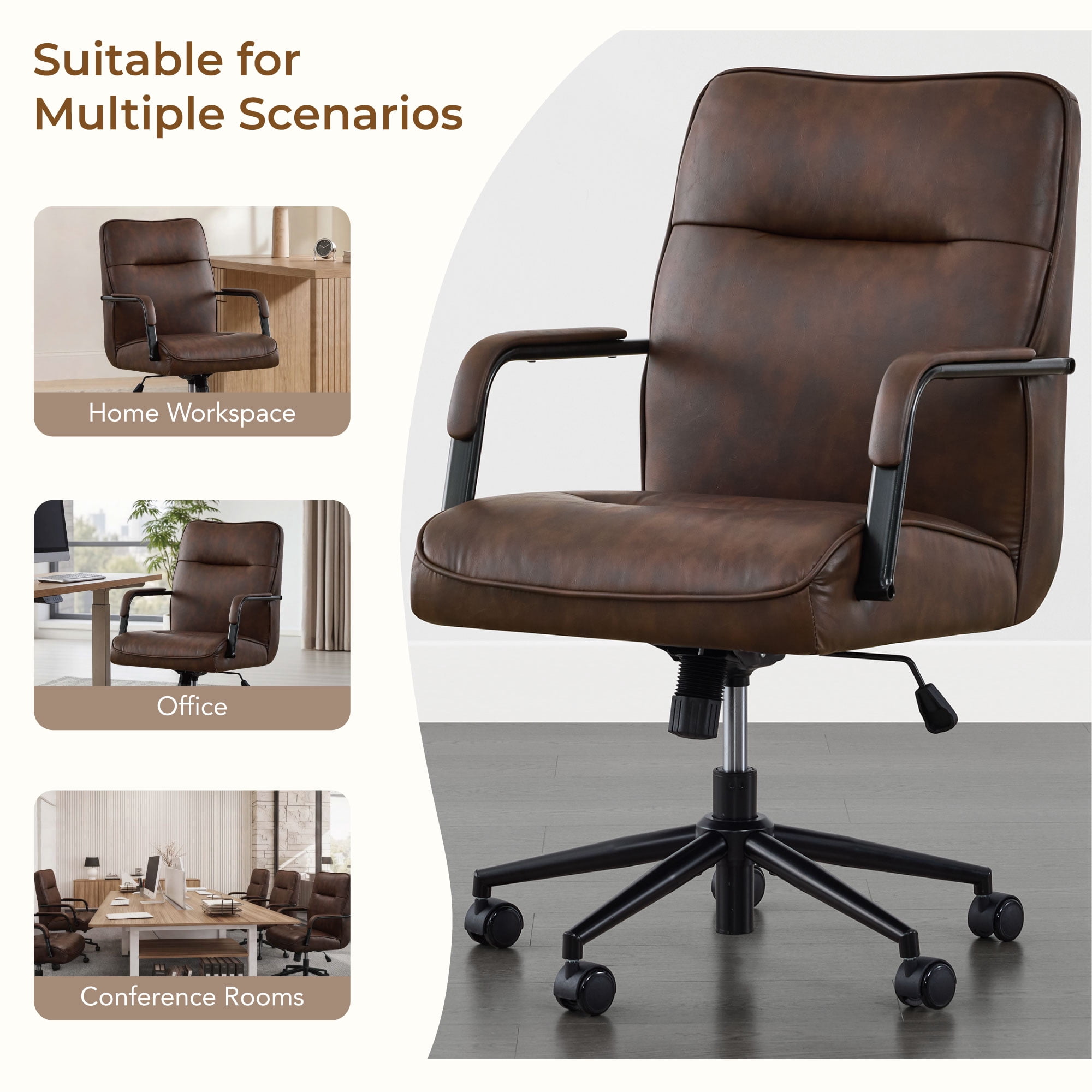 Spruce & Spring Upholstered Swivel Office Chair with Ergonomic High Back, Metal Frame & Upholstered Arms, Espresso Faux Leather