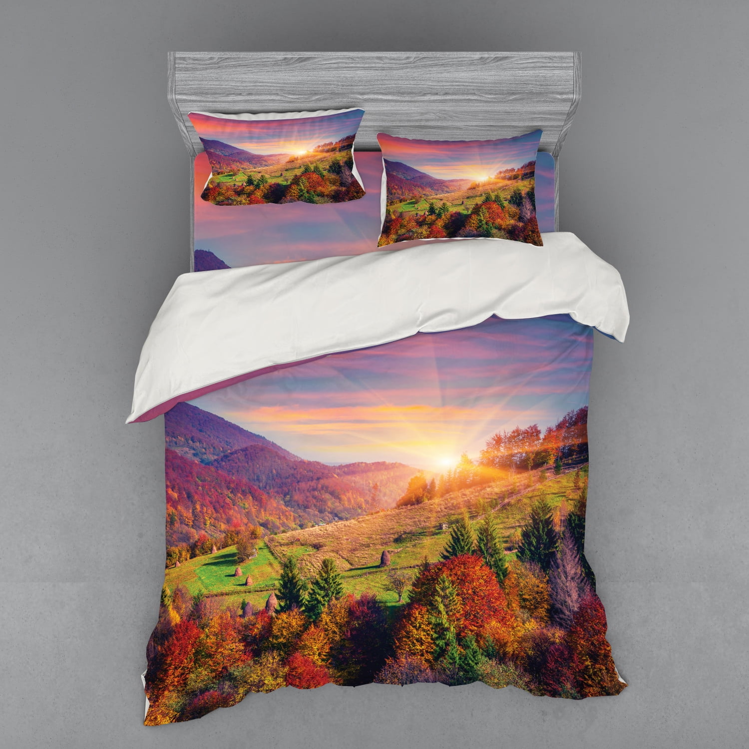 Nature Duvet Cover Set, Pastoral Autumn Morning in Mountain Village Fall Tree Surreal Rural