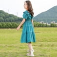 thumbnail image 5 of Girls' Dresses 4-6 Years Kids Neck Short Sleeves Casual Soild Maxi Fit & Flare Comfortabl Breathable Delicate Daily Blue Sun Dress, 5 of 5
