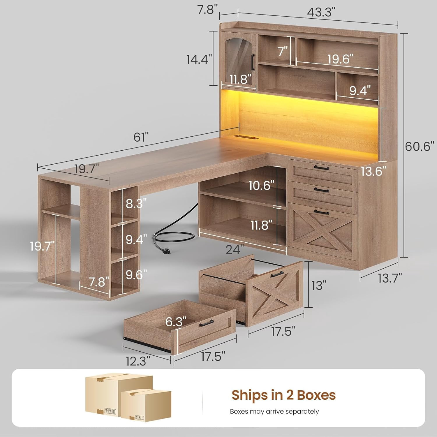 SEDETA Farmhouse L Shaped Office Desk with Storage, 61 Inch Large Computer Desk with 3 Drawers, 11 Open Shelves and Power Outlet, Corner Gaming Desk with LED Light and Display Cabinet, Natural
