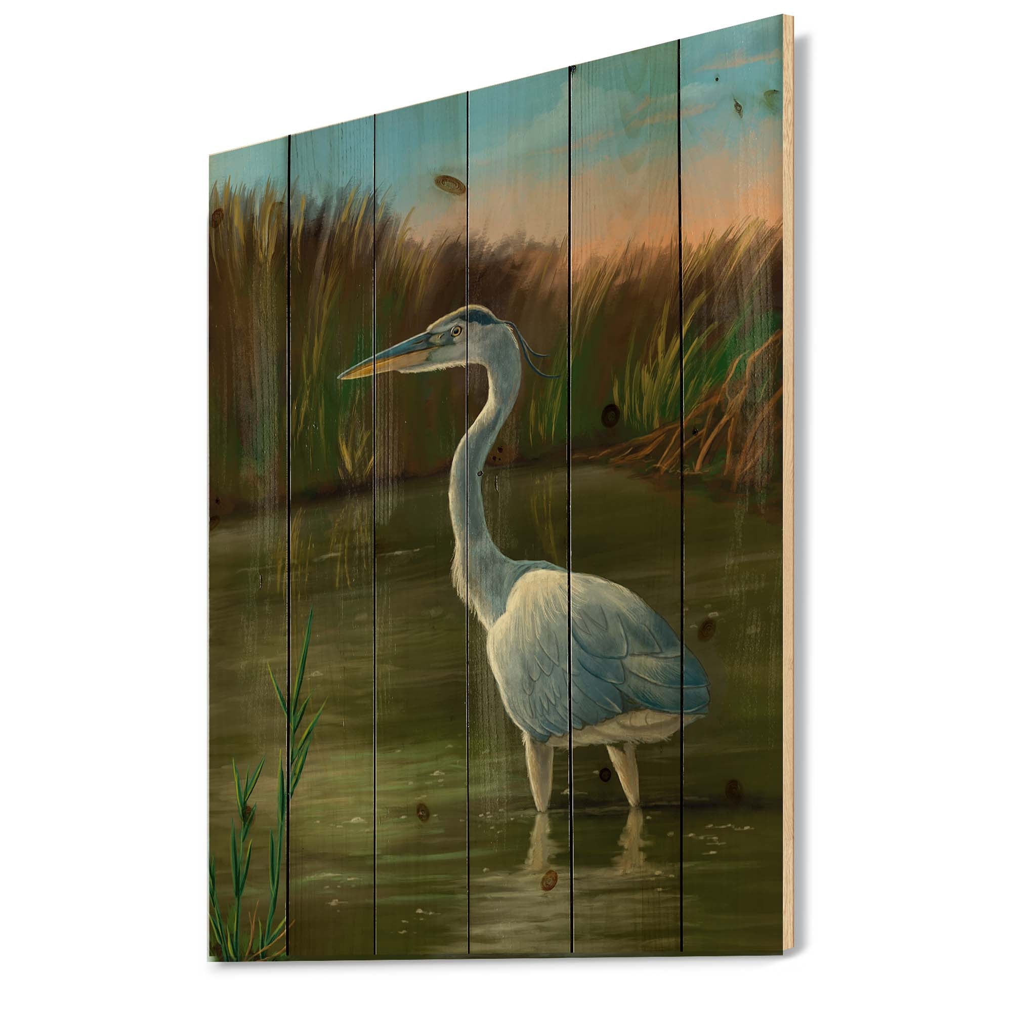 Designart 'Blue Heron Wetland Bird on The Lake Shore' Traditional Print on Natural Pine Wood