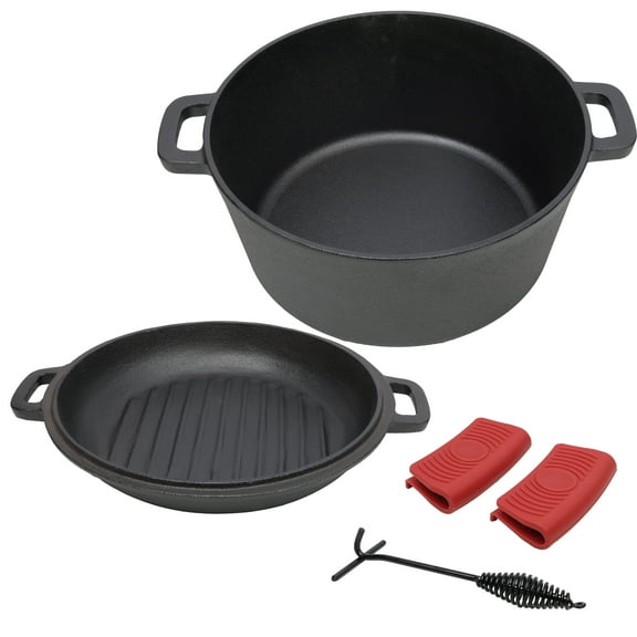 3 in 1 Pre-Seasoned Cast Iron Dutch Oven, Outdoor Camping Deep Pot, 5 Quart. Cover As A Skillet with Ribbed Bottom Design. With 2pcs Silicone Handel Covers, 1PC Lid Lifter.