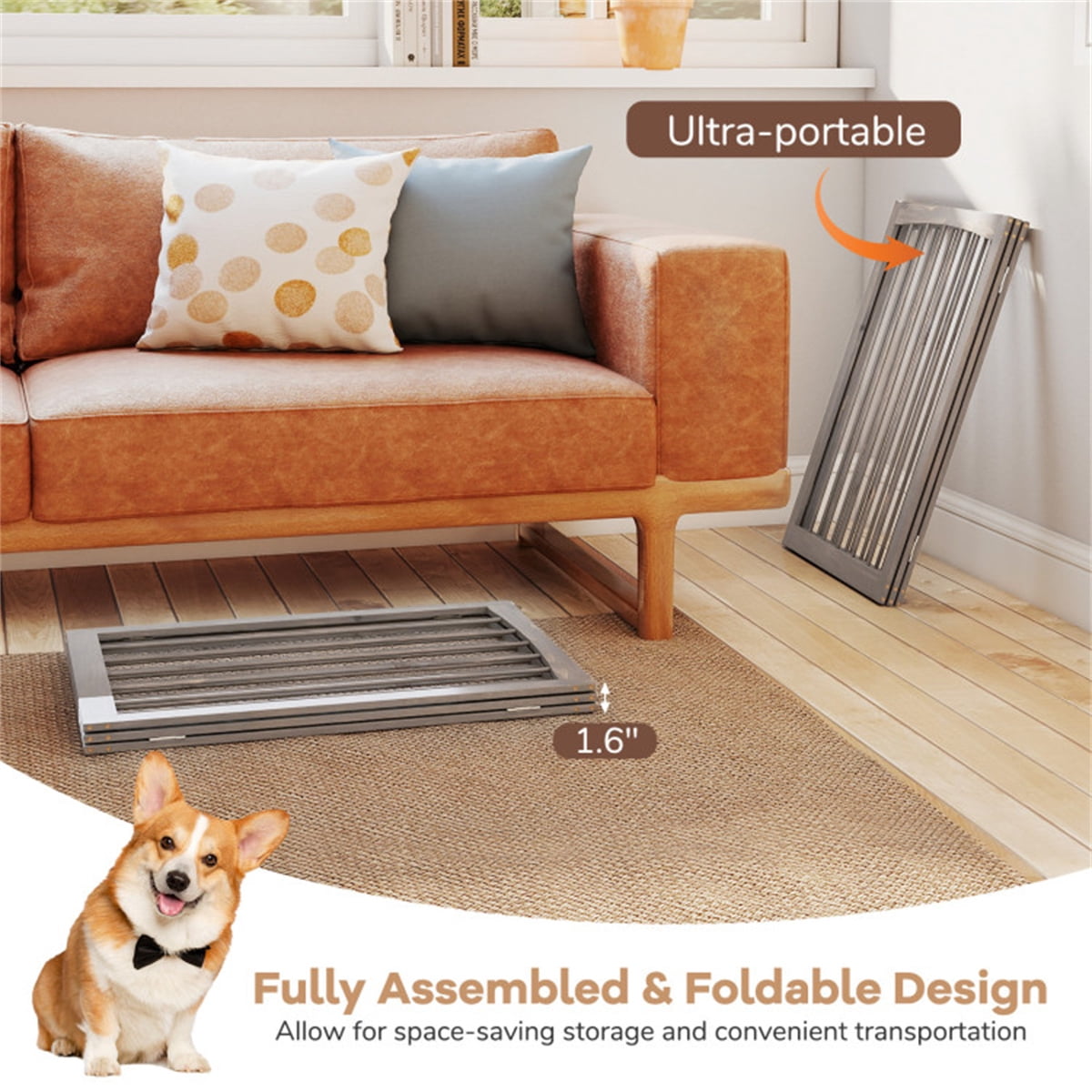 ZephyPaws Pet Gate - 3-Panel Indoor Foldable Dog Fence for Stairs, Hallways, or Doorways  , Freestanding Pet Gate, Puppy Safety Fence,Gray