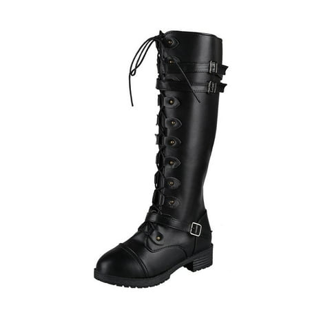 

Honeeladyy Women s Shoes Laceing Hasp Low Heel Zipper Fashion Leather High Knight shoes Black Clearance under 5$