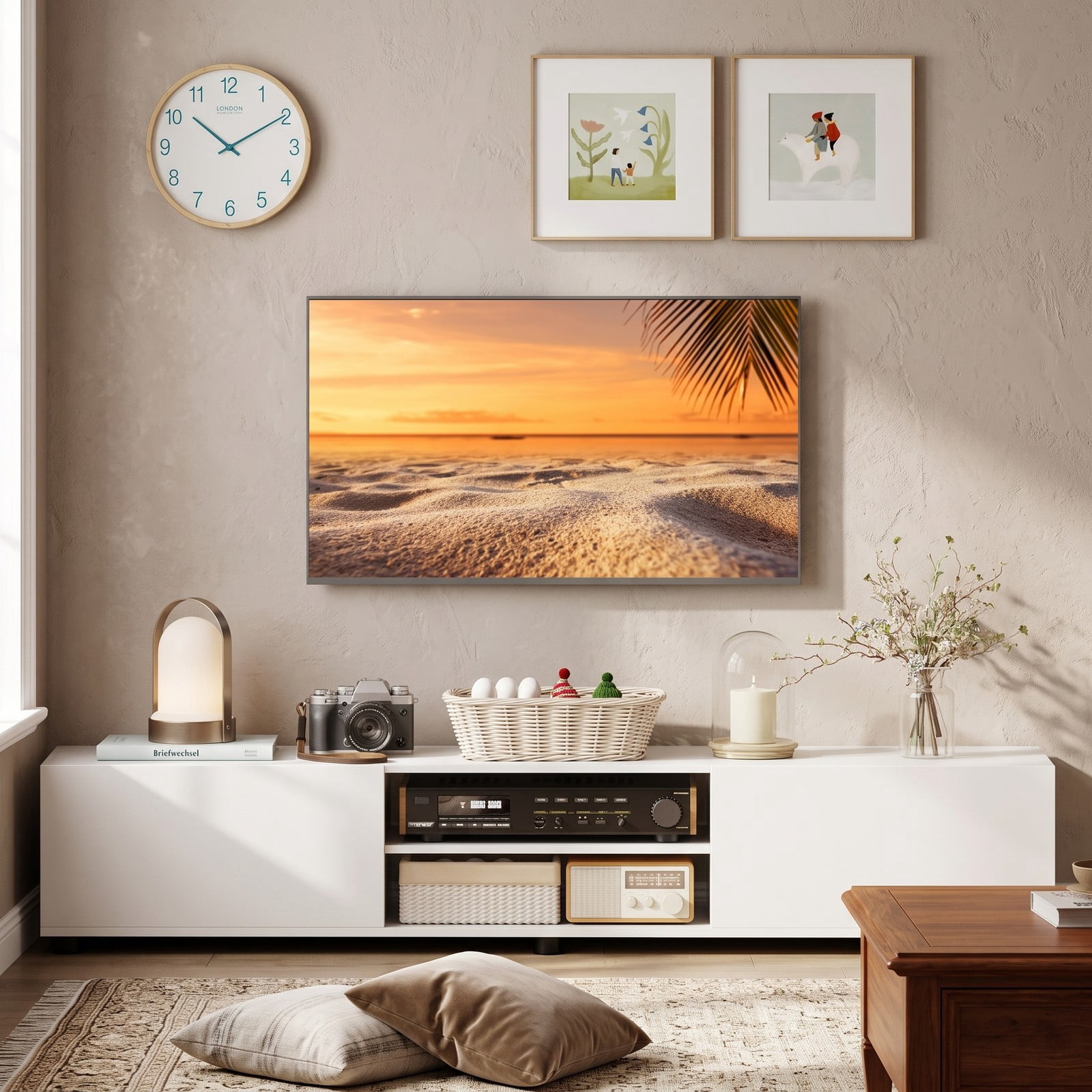 Furnibear Modern TV Stand for TVs up to 70 Inch, Minimalist Entertainment Center Media Console with 2 Doors and Open Shelves, Engineered Wood Storage Cabinet, White