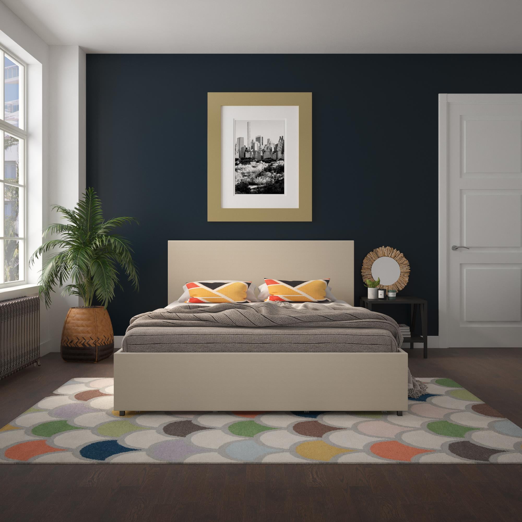 Novogratz Full Size Contemporary Linen Upholstered Beds, Ivory