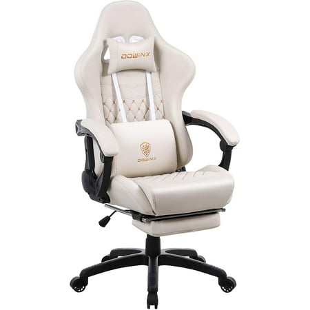 Dowinx Gaming Chair Office Chair, Vintage Computer Chair Massage PU Leather Gamer Chairs with Footrest Ivory