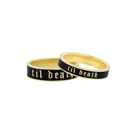14k gold plated 4mm Wide Til Death Black Enamel Band Ring | Stacking Band | Promise Ring | Pair Set of Til Death Ring for couple