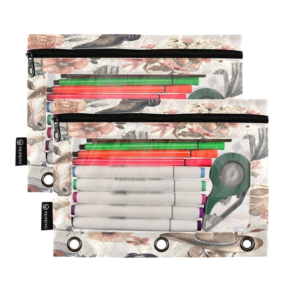 Ckdifva Cowboy Hat Horse Pencil Pouch 3 Ring Zipper Pencil Case Binder Pockets Clear Top Cosmetic Bag 2 Pack