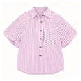 thumbnail image 3 of LEKWK Womens Summer Tops Button Down Short Puff Sleeve Striped Shirts Lightweight V Neck Loose Fit Collared Tops Fashion Casual Daily Outfits, 3 of 5