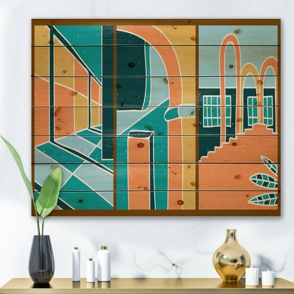Designart 'Geometric Shapes Vintage Style Building Windows' Modern Print on Natural Pine Wood
