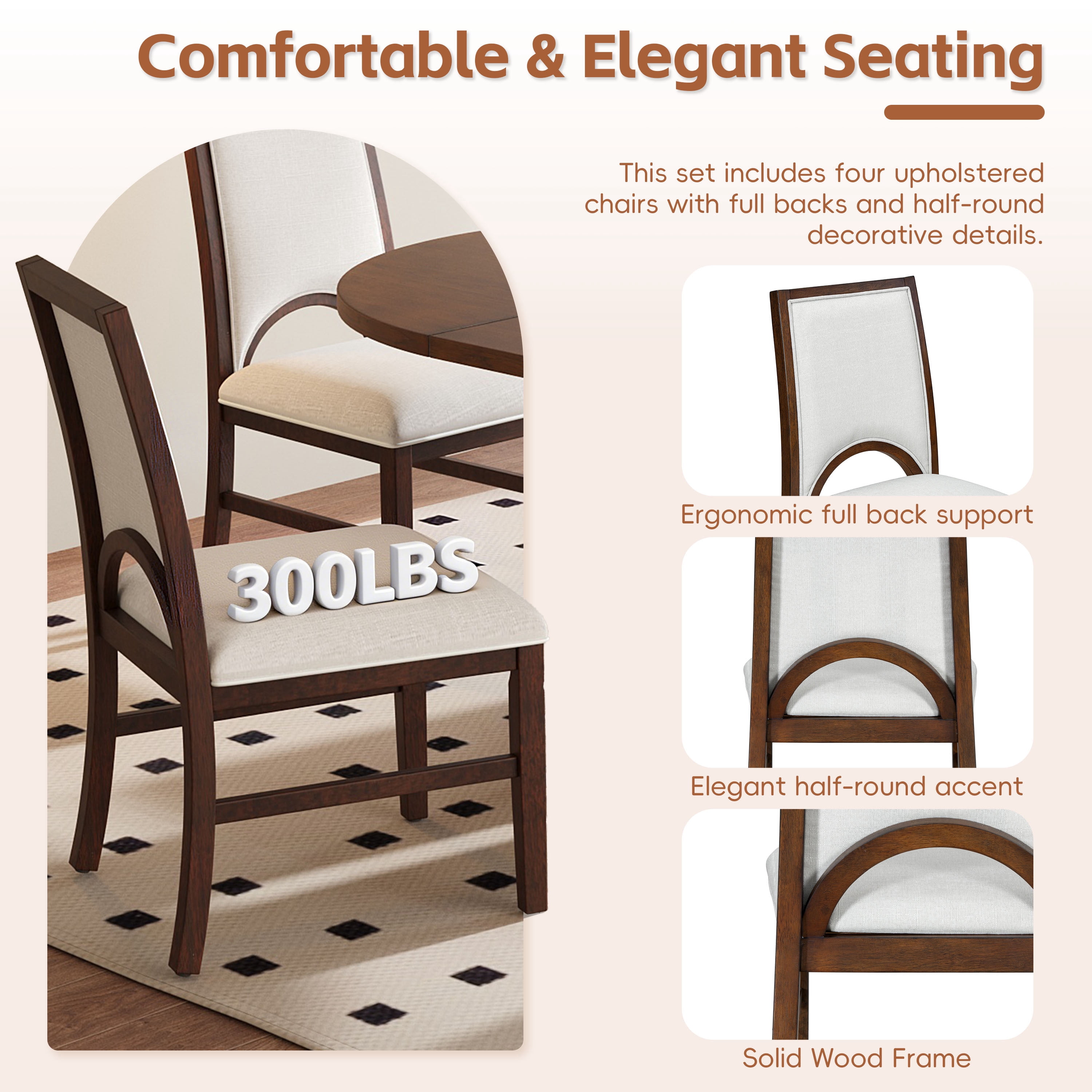 Euroco 5 Piece Wood Round Dining Table Set for 4, 41.3"-57.3" Extendable Kitchen Table Set with 4 Upholstered Chairs & Removable Leaf for Kitchen,Dining Room,Brown