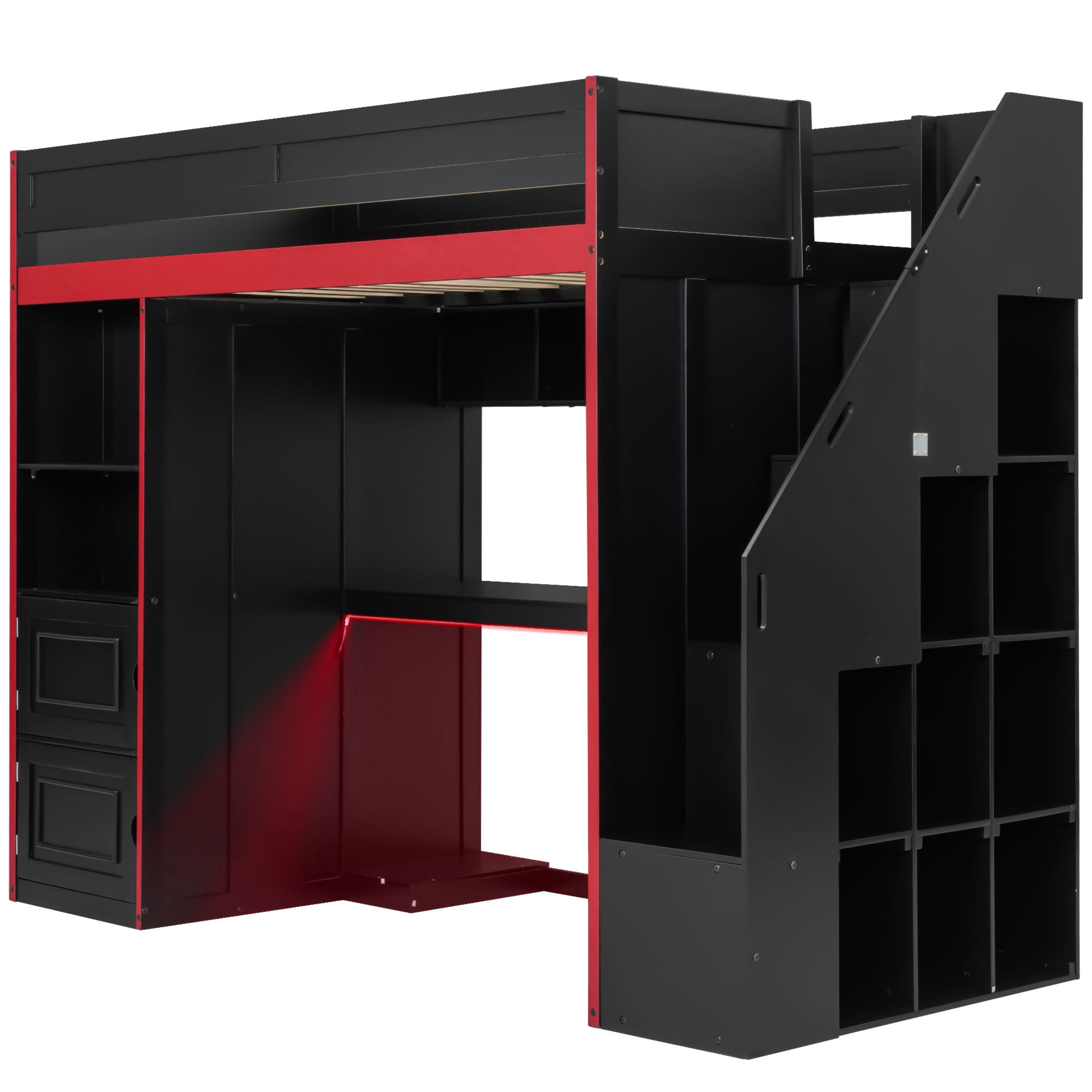 Noble House Mira Twin Gaming Loft Bed, Desk with Storage Locker & LED Lights, Solid Wood Frame, Black and Red