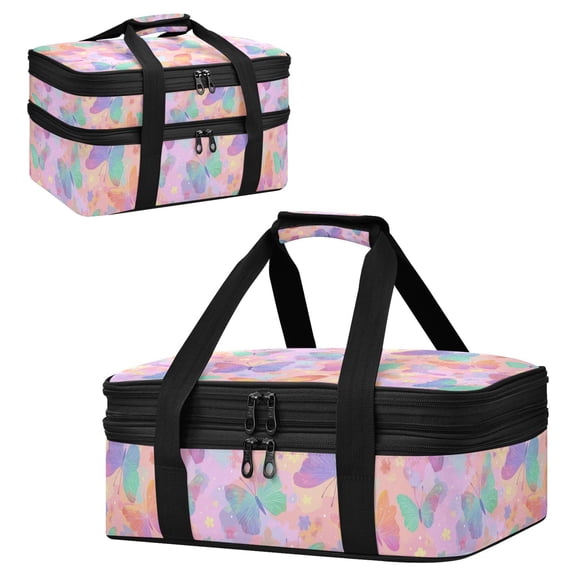 Large Double Decker Insulated Casserole Carrier Expandable 2-Layer Thermal Food Tote Bag Peach Pastel Butterfly Flutter Hot Cold Pizza Lasagna Holder for Potluck Picnic Party Camping