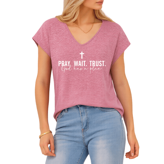 Giffimy Women's Minimal "Pray Wait Trust" Cross S-5XL V-Neck Sleeveless T-Shirt Religious Fashion Tank Top