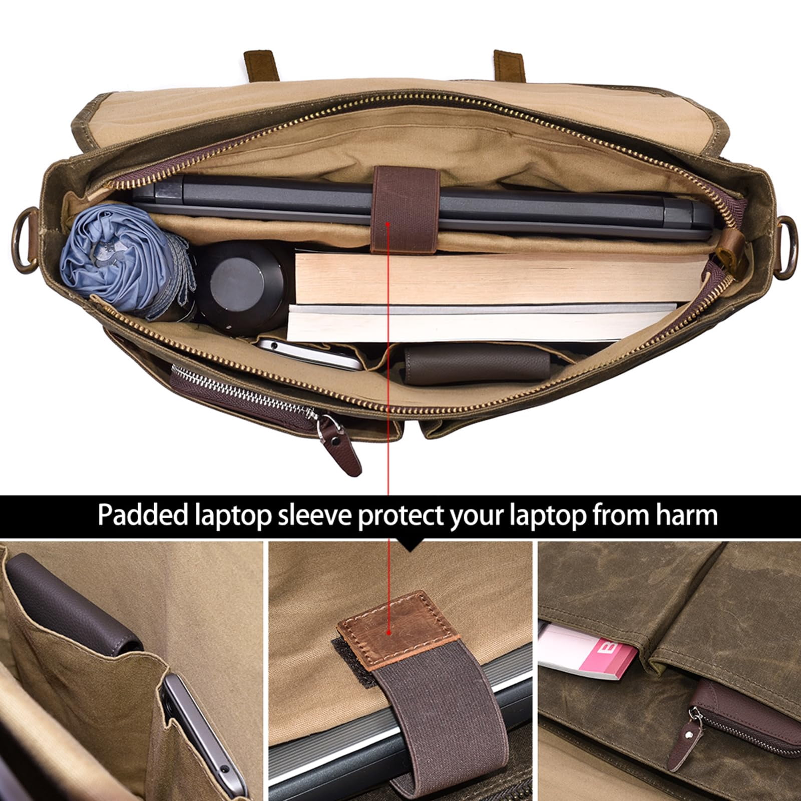 Mens Messenger Bag 15.6 Inch Waterproof Vintage Genuine Leather Waxed Canvas Briefcase Large Leather Computer Laptop Bag Rugged Satchel Shoulder Bag,Coffee
