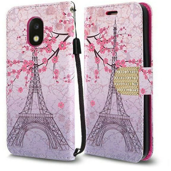 GSA Vintage Eiffel Tower Flip Wallet Case For Samsung Galaxy J3 (2018), J337, J3 Star, J3 Achieve & Express Pink