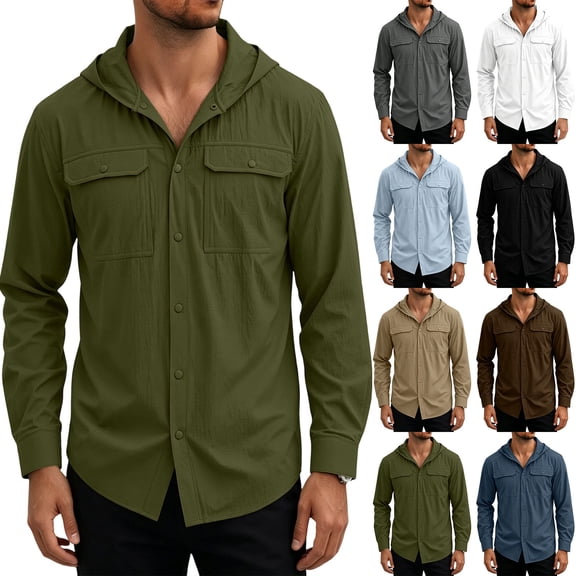 Xcmzpl Mens Hooded Button Down Shirts Sun Protection Hoodie Long Sleeve Outdoor Hiking Running UPF 50 Fishing Shirt with Pocket