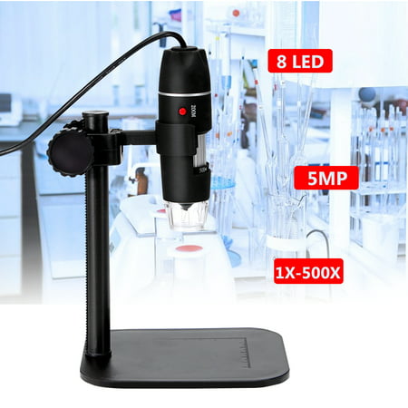 5MP 8 LED USB Digital Camera Microscope Magnifier with Black Stand 1X-500X 5V