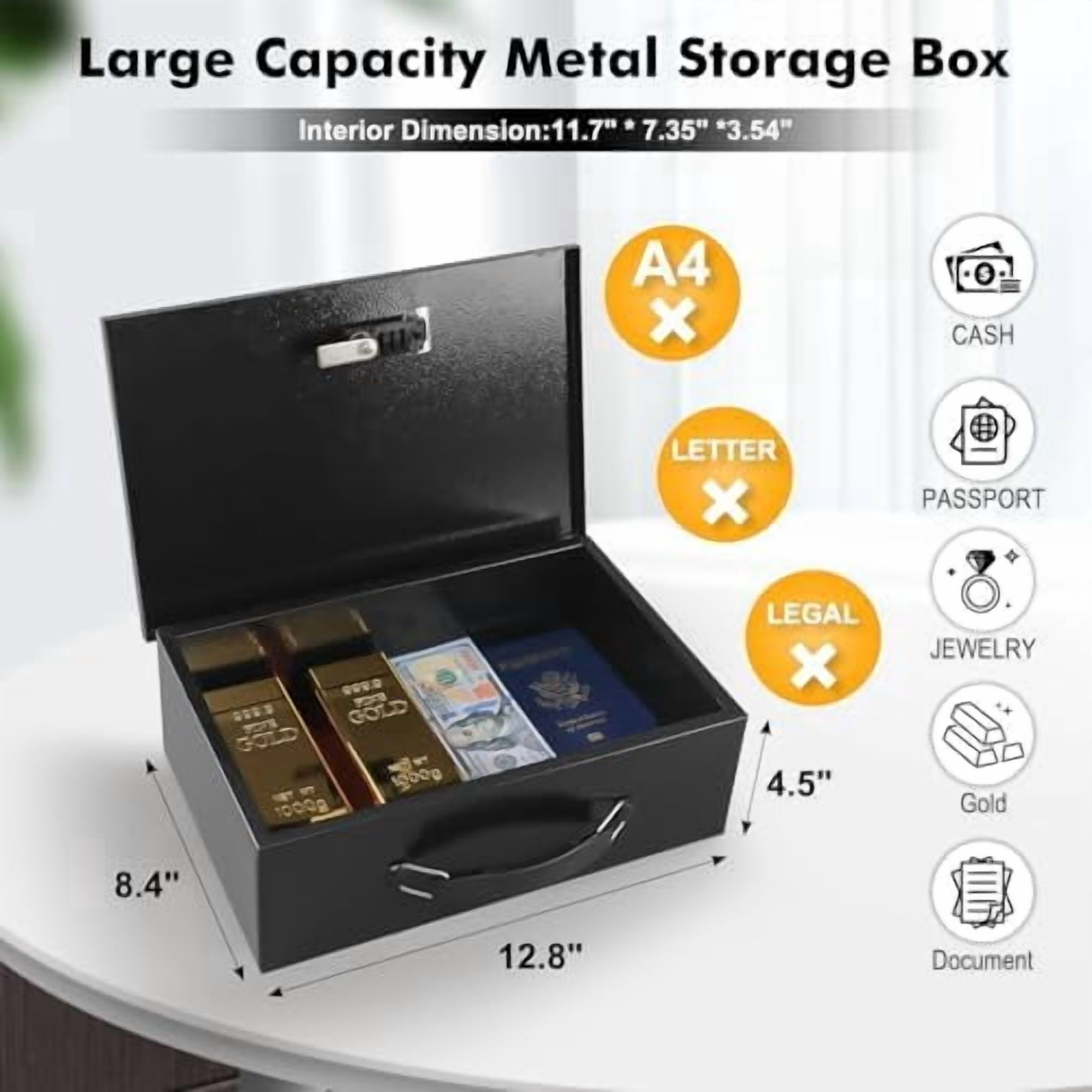Fireproof Lock Box for Documents, Dual Combination and Key Lock Security with Carrying Handle, Metal Strong Safe Box to Keep Personal Items,Documents, Exterior 12.8" x 8.4" x 4.5", Black