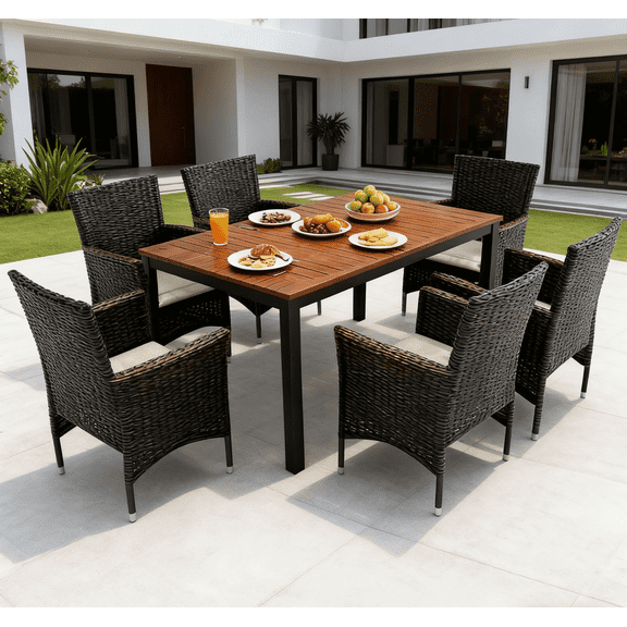 7PCS Outdoor Rattan Table & Chairs Set, Wicker Patio Dining Set, outdoor Conversation Setwith Acacia Wood Top & Padded Cushions, suitable for garden backyard pool terrace