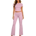 thumbnail image 2 of LEKWK Workout Sets for Women Short Sleeve Crewneck Crop Top and Low-Rise Flared Leggings Summer Fashion Yoga Athletic Gym Casual Lounge Outfits, 2 of 7