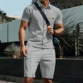 thumbnail image 2 of HBGVBA Men Athleisure 2 Piece Set Solid Color Short Sleeve Lapel Button Down Shirt Knit Shorts Casual Outfit, 2 of 4