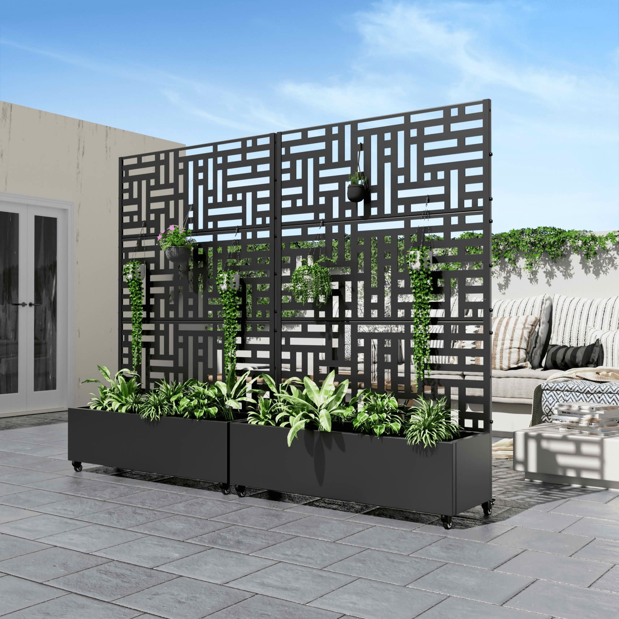 MAYEERTY 72x47x16 Inch Black Metal Rectangular Planter Box with Trellis for Street, 5 Piece Set