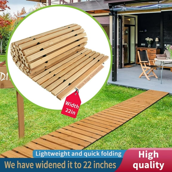 Atsknsk Extra Wide 4' Wooden Garden Pathway - Anti Slip Solid Wood Slats Steel Wire Linked, Roll Out Decorative Walkway for Beach, Patio & Party