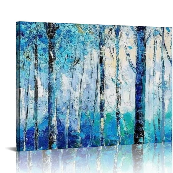 FCXZI Blue Tree Canvas Wall Art Forest Landscape Picture Modern Birch Trees Nature Teal Abstract Painting Artwork, Large Size for Home Office Living Room Bedroom Bathroom Wall Decor 16x12in