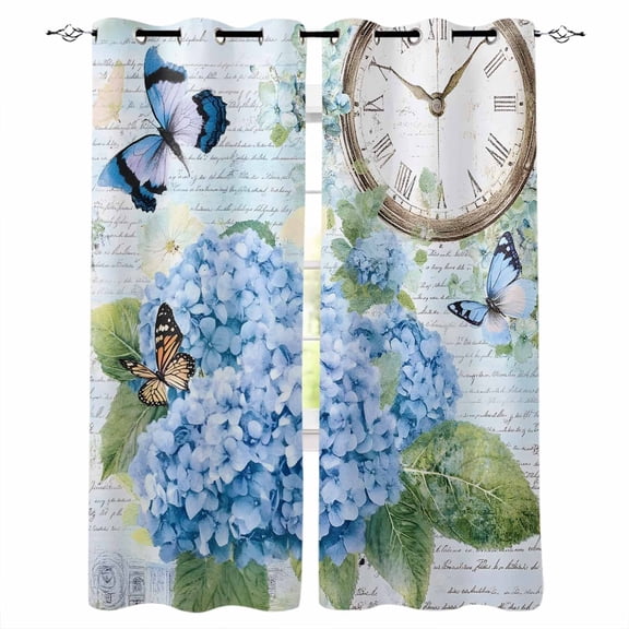 Blue Vintage Hydrangea Blackout Curtains 45 Inches Long for Bedroom, Spring Rustic Clock Butterfly Thermal Insulated Room Darkening Black Out Window Curtain Panels Grommet Drapes for Living Room