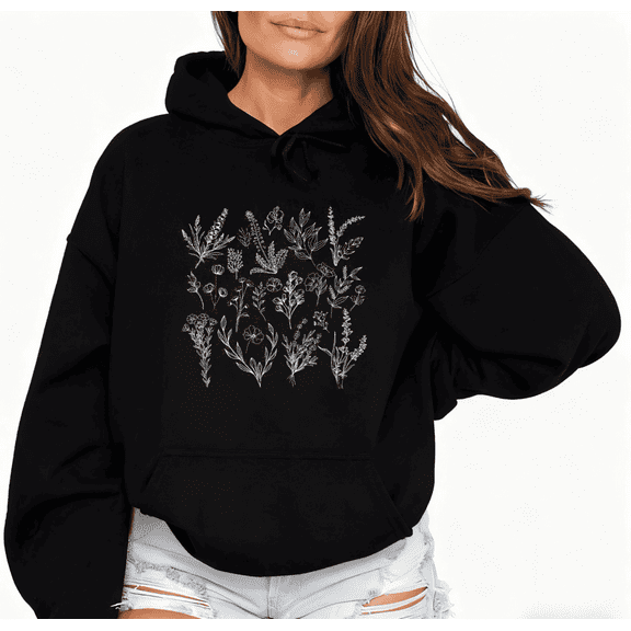 Women's cotton Black Hoodie "Retro Line Art Botanical Illustration Pattern" Artistic Style Casual Tops S-2XL