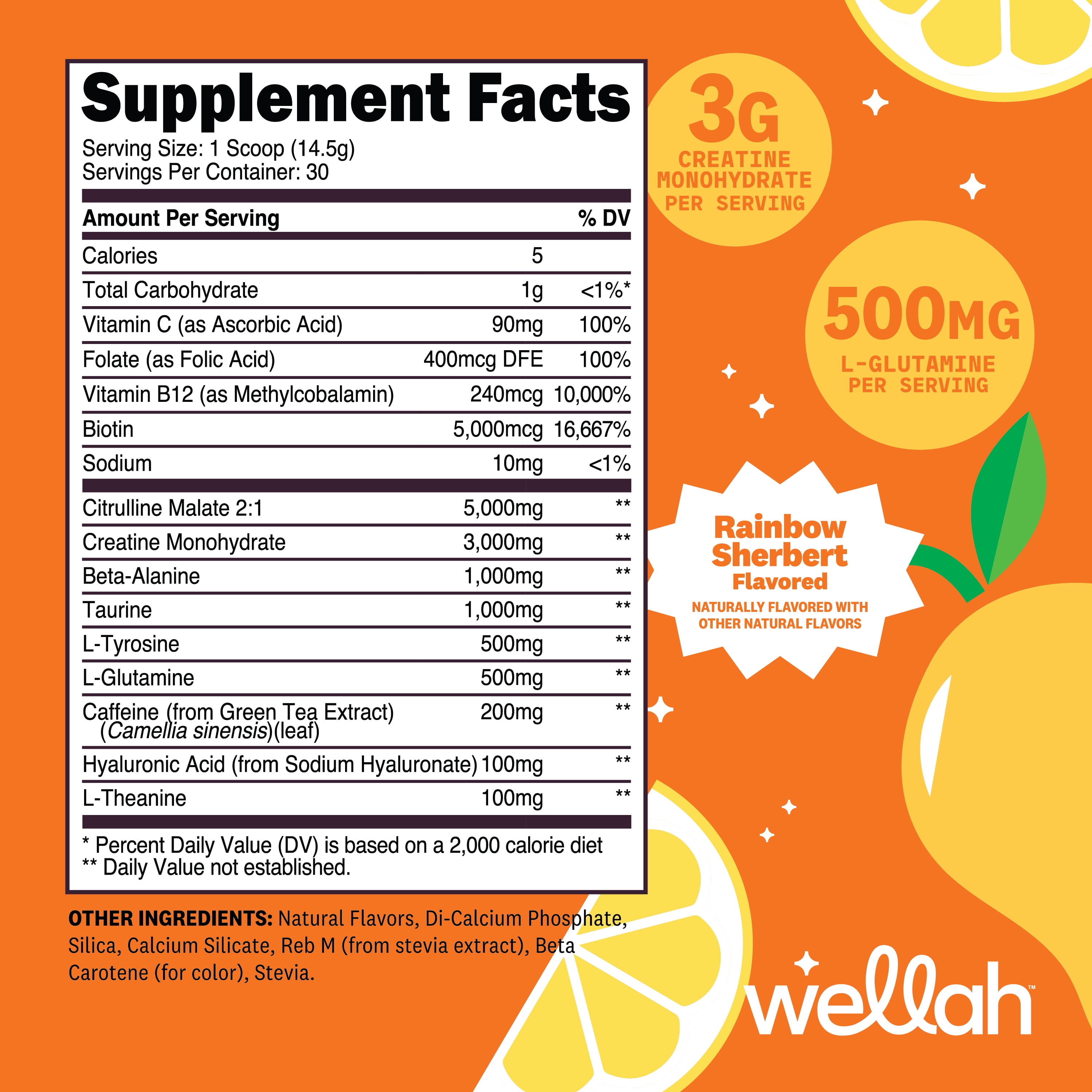 Wellah Pre-Workout + Creatine Powder (30 Servings) Mango Lemonade - 200mg Caffeine, 3g Creatine Monohydrate, 5g Citrulline Malate, Pre-Workout with Creatine Supplement