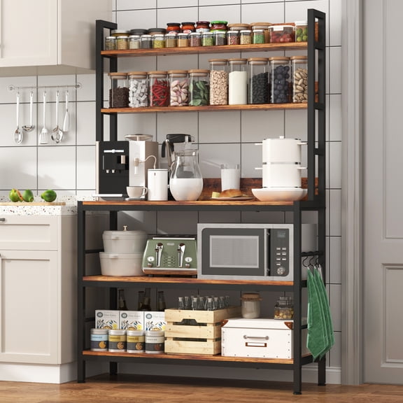 NAIYUFA Kitchen Bakers Rack with Storage Shelves,5-Tier Free Standing Storage Shelf Rack with Hooks,Industrial Microwave Stand Shelf for Dining Room