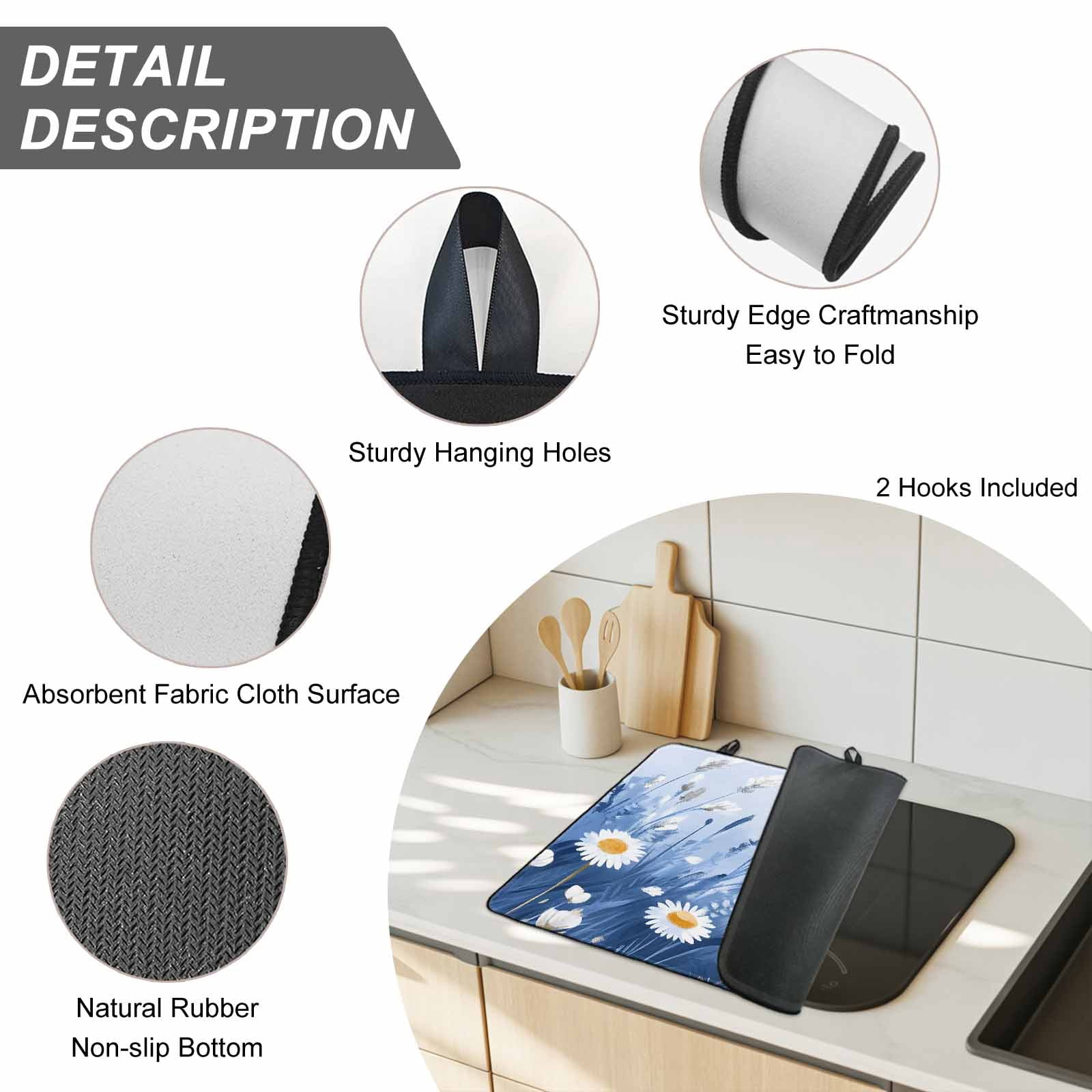 Spring Daisy Blue Stove Top Cover for Electric Stove, Heat-proof & Non Slip Glass Top Stove Cover Protector, Pastoral Botanical White Floral Leaf Kitchen Flat Cooktop Rubber Mat 24x21 Inches