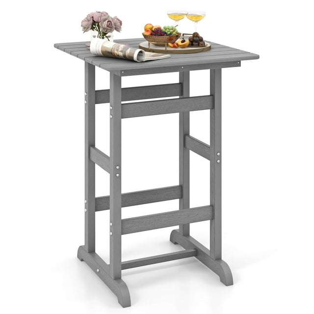 Costway Outdoor Bar Table All Weather HDPE Patio Table with Wood Grains Bistro Table Gray