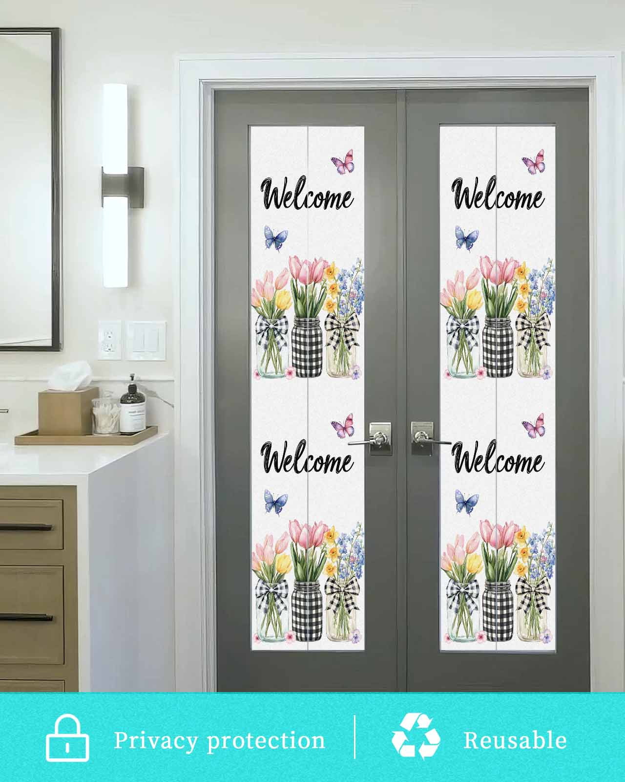 Window Privacy Film Spring Flowers Stained Glass Window Film Decorative Sun Block Window Cover Farmhouse Tulip Botanical Watercolor Window Clings Static Adhesive Sticker for Bathroom 29.5"x118"
