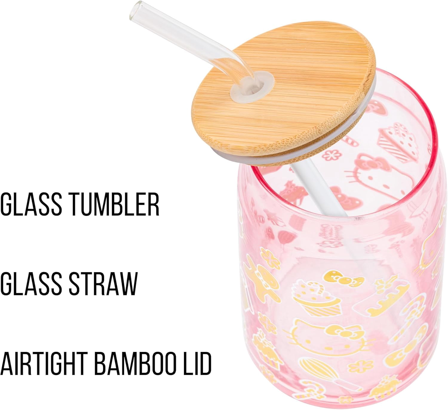 Silver Buffalo Sanrio Hello Kitty Gingerbread Cookies Christmas Holiday Pink and Gold Foil Glass Jar Tumbler with Bamboo Lid and Glass Straw, 16 Ounces