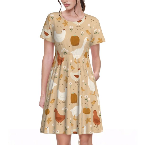 Easygdp Autumn and Thanksgiving para Vestido Transpirable de Mujer, Vestido Suelto de Manga Corta con Pliegues y Bolsillos para el Verano