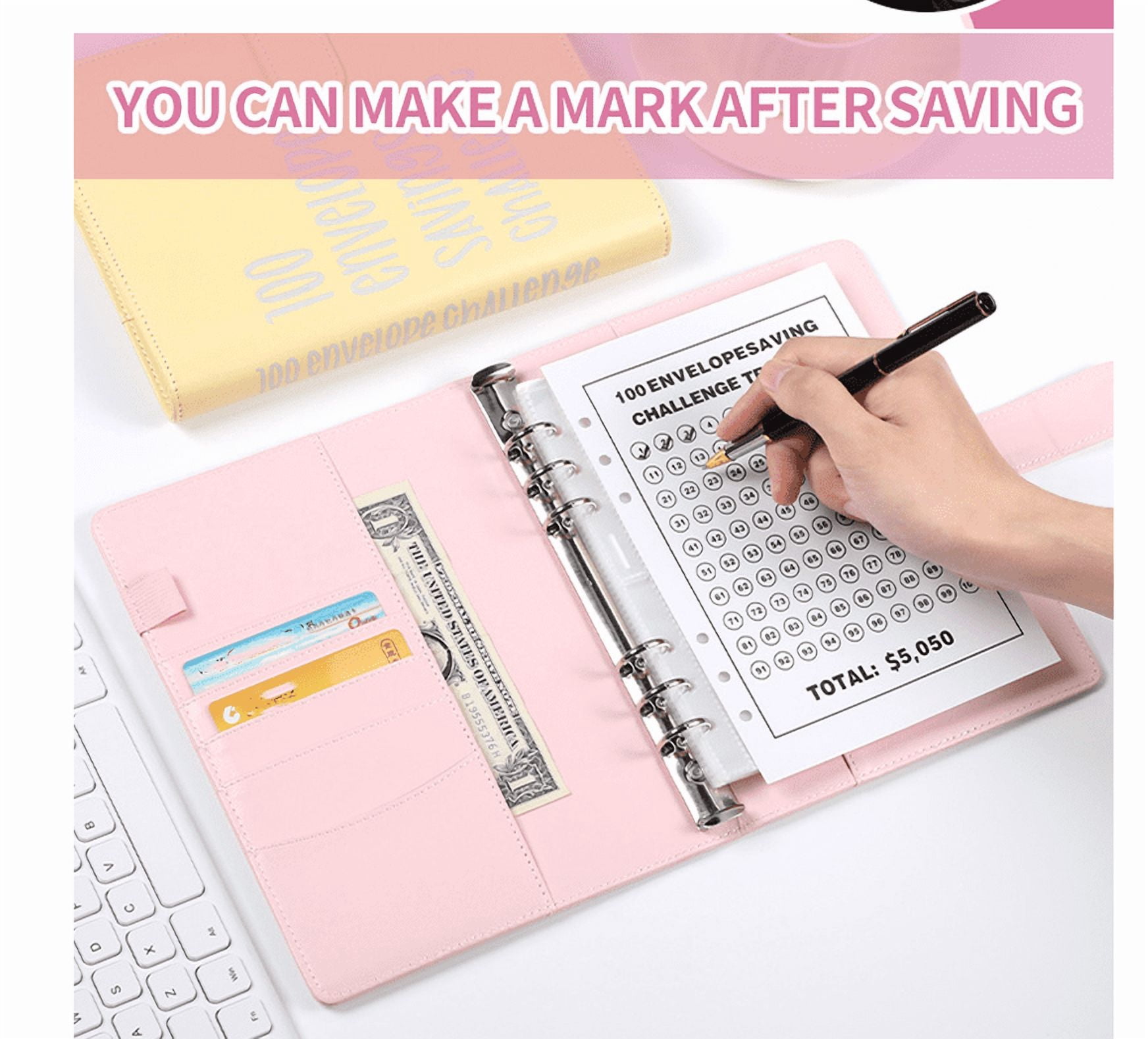PandaTop 100 Envelopes Money Saving Challenge Binder, Budget Binder with Cash Envelopes, Money Saving Binder 100 Pocket Pre-Numbered, Fun Way to Save $5050, Pink