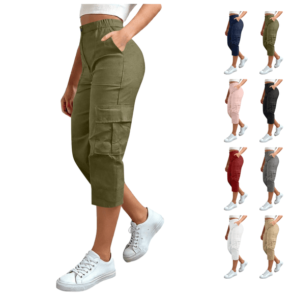 Womens Cargo Capris Pants Lightweight Quick Dry Elastic Waist Dry Outdoor Hiking Summer Casual Travel Capri Pants for Women with Pockets Size S-2XL
