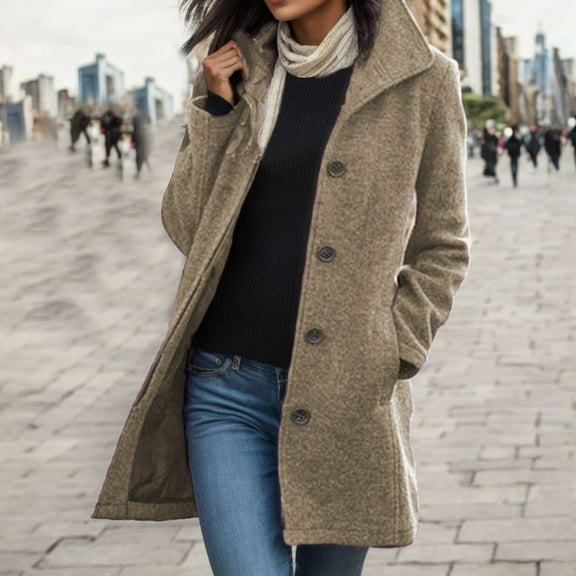 FAOWME Ladies Thick Coat With Pocket Long Sleeve Turndown Collar Buttons Solid Color Mid Length Comfortable Jacket For Autumn And Winter,Khaki,L