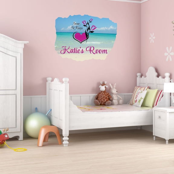 Girly Watercolor Custom Name Wall Decals for Bedroom - Ocean Outdoor Scene Roses & Heart Design Inspirational Personalized Bedroom Wall Sticker Water Color Style - Size: 10 In x 8 In