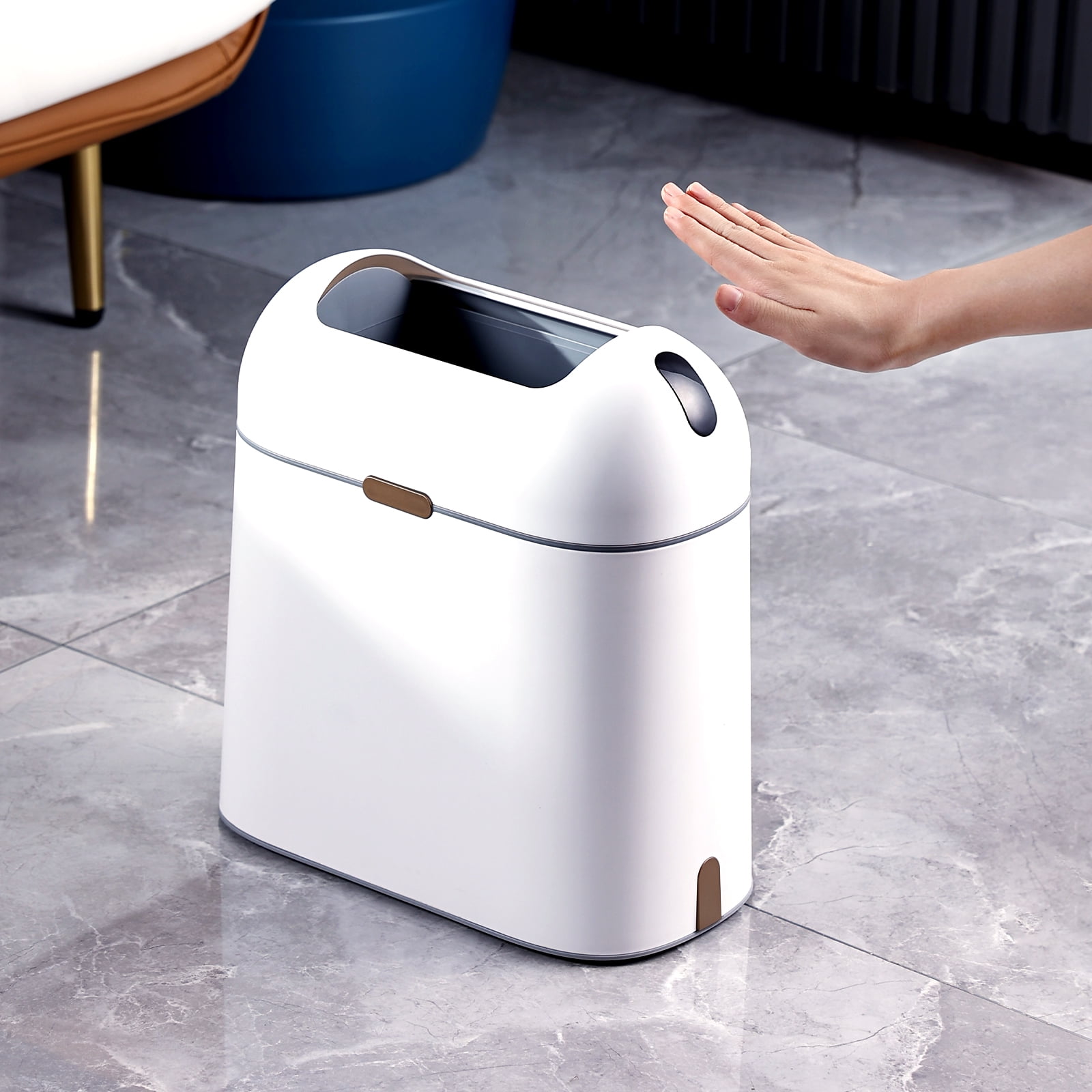 Elpheco Motion Sensor Bathroom Trash Can, 2.5 Gallon Waterproof Trash Bin with Butterfly lid, Bathroom Waste Basket Garbage Bin for Bedroom Kitchen and Office use, White with Golden Button