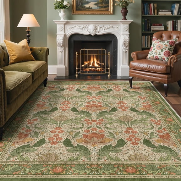 8 Foot by 10 Foot Green and Orange Vintage Floral Area Rug Washable Low-Pile Microfiber with Non-Slip Backing