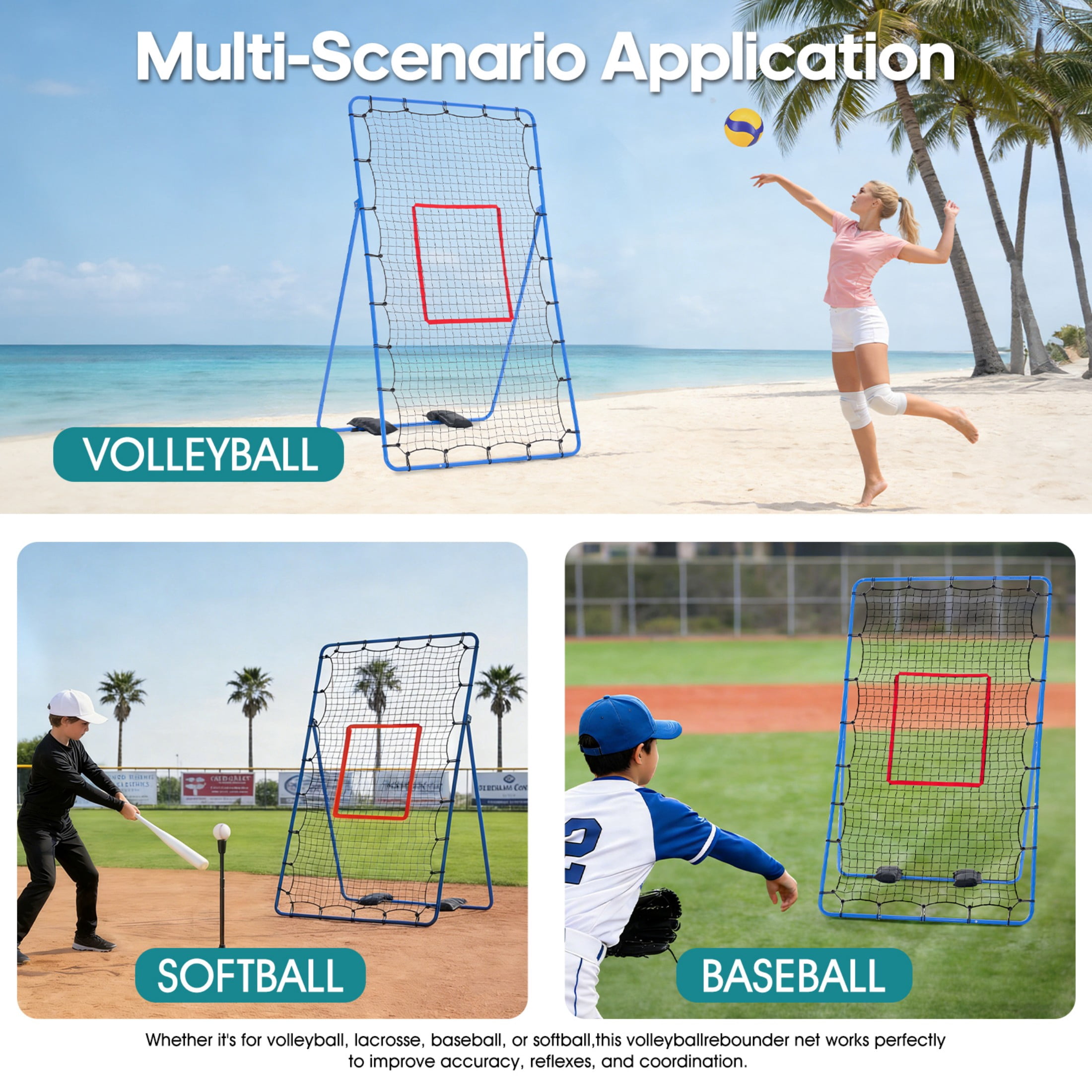 SHOUFTW 7x4 ft Volleyball Rebounder Net-Multi-Sport Training Bounce Back Net with Carry Bag, 5 Angle Adjustments for Indoor & Outdoor Practice, Blue